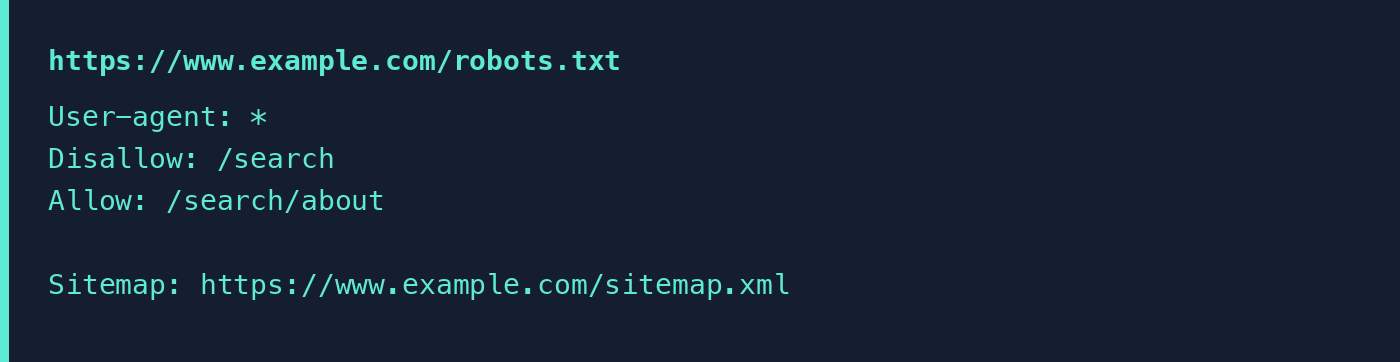 Example robots.txt file: User-agent star, Disallow /search, Allow /search/about, and a Sitemap URL.