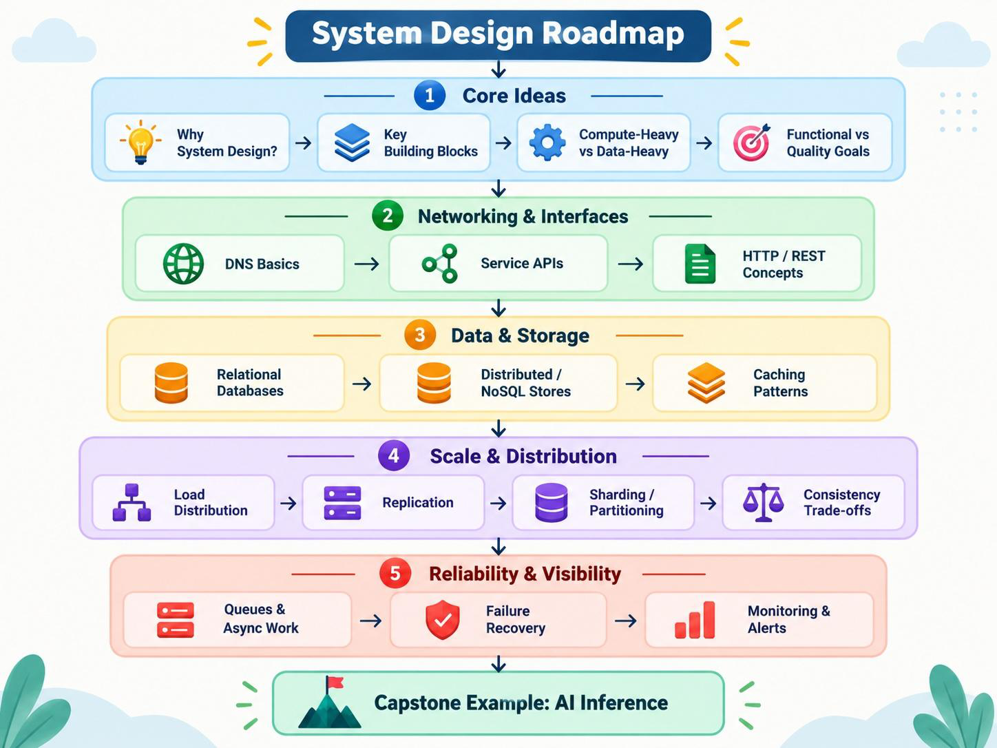 System Design Roadmap: Core Ideas, Networking and Interfaces, Data and Storage, Scale and Distribution, Reliability and Visibility, then a capstone example of AI Inference.