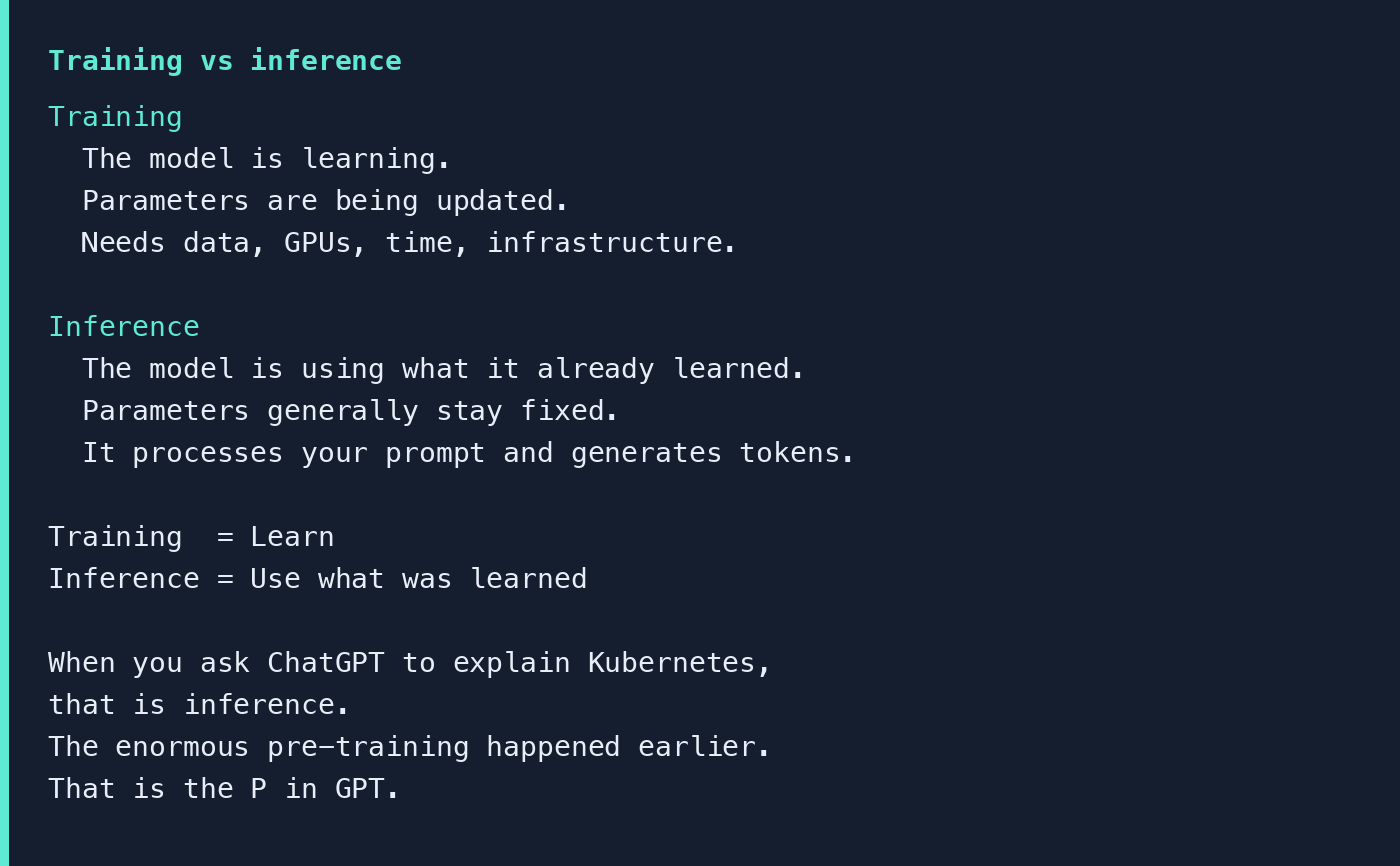 Training means the model is learning and updating parameters. Inference means the model is using what it already learned, with parameters generally remaining fixed.