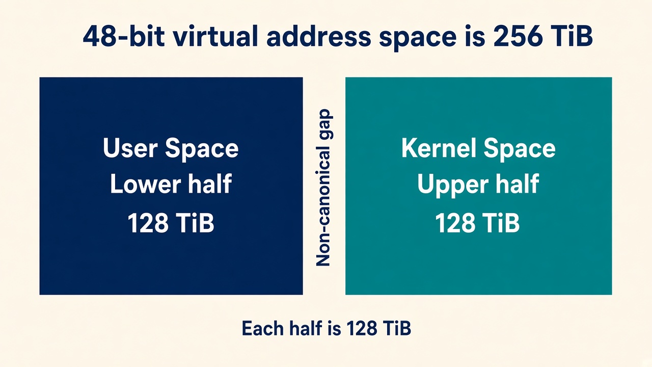 A 48-bit virtual address space of 256 TiB, split into a lower half of 128 TiB for user space and an upper half of 128 TiB for kernel space, with a non-canonical gap between them.