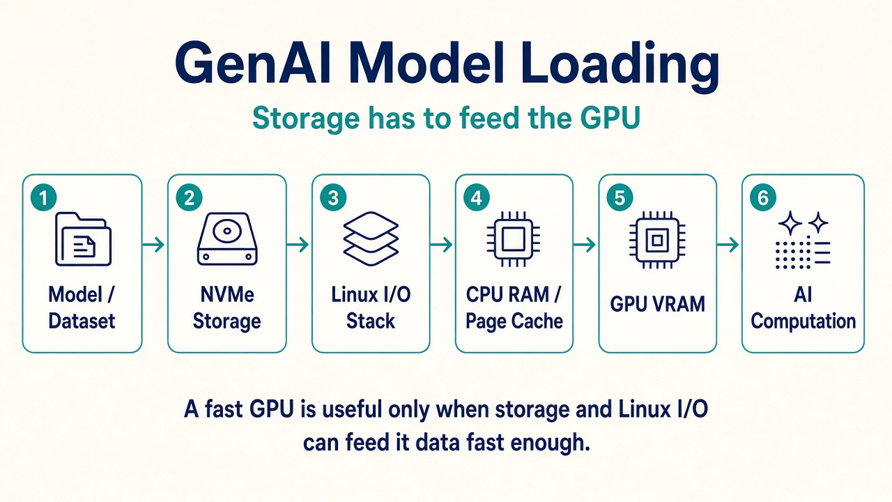 GenAI model loading path: Model or Dataset, NVMe Storage, Linux I/O Stack, CPU RAM and Page Cache, GPU VRAM, then AI Computation.