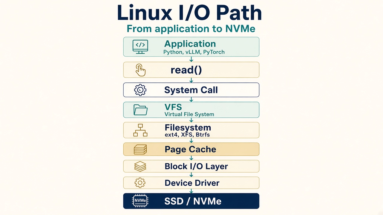 Linux I/O path from Application through read(), system call, VFS, filesystem, page cache, block I/O layer, and device driver down to SSD or NVMe.