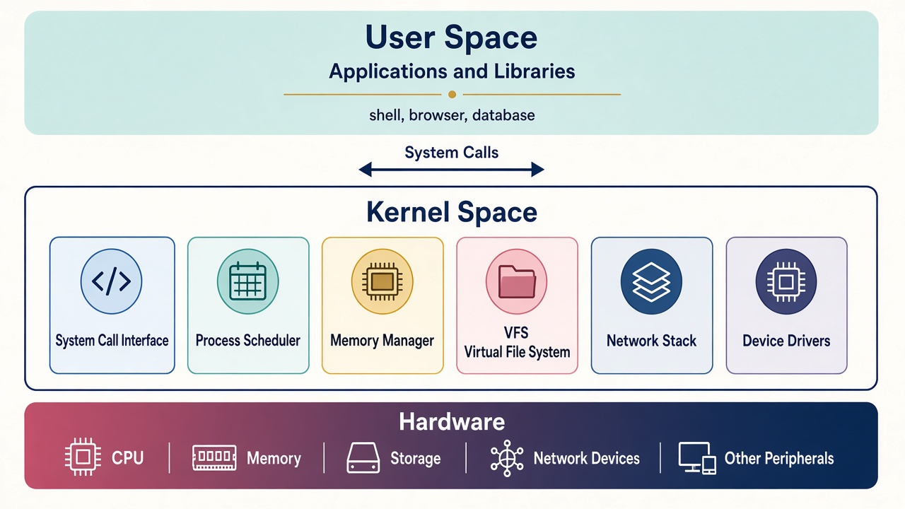 Linux layers: User Space for applications and libraries, Kernel Space with the system-call interface, process scheduler, memory manager, VFS, network stack, and device drivers, then Hardware underneath.
