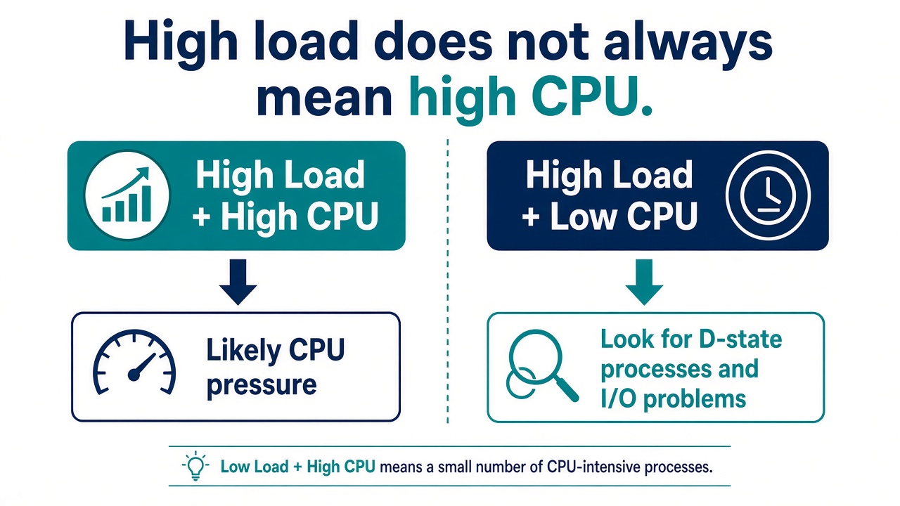 High load plus high CPU likely means CPU pressure. High load plus low CPU means look for D-state processes and I/O problems. Low load plus high CPU means a small number of CPU-intensive processes.
