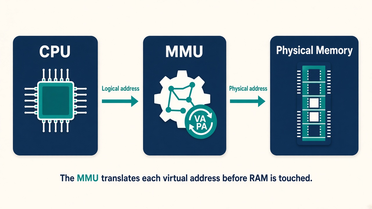 The CPU issues a logical address to the MMU, which translates it into a physical address used to reach physical memory.