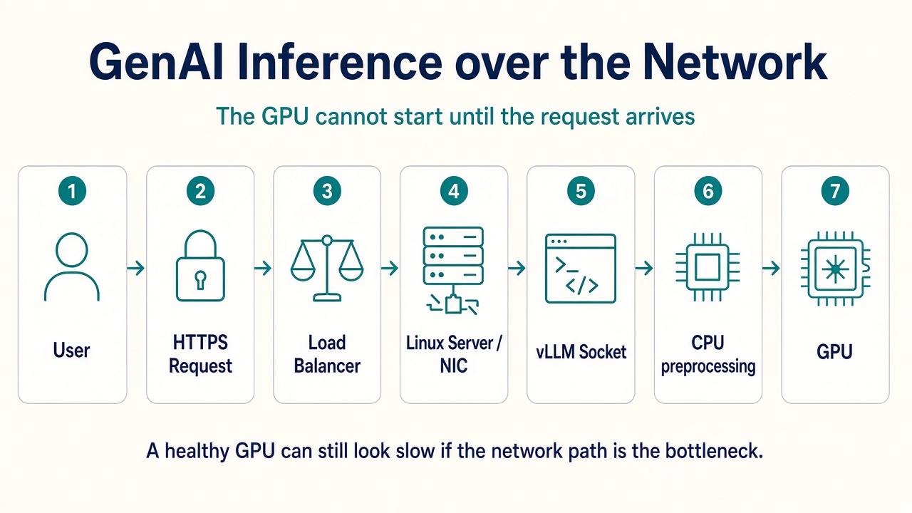 GenAI inference over the network: User, HTTPS request, load balancer, Linux server and NIC, vLLM socket, CPU preprocessing, then GPU.