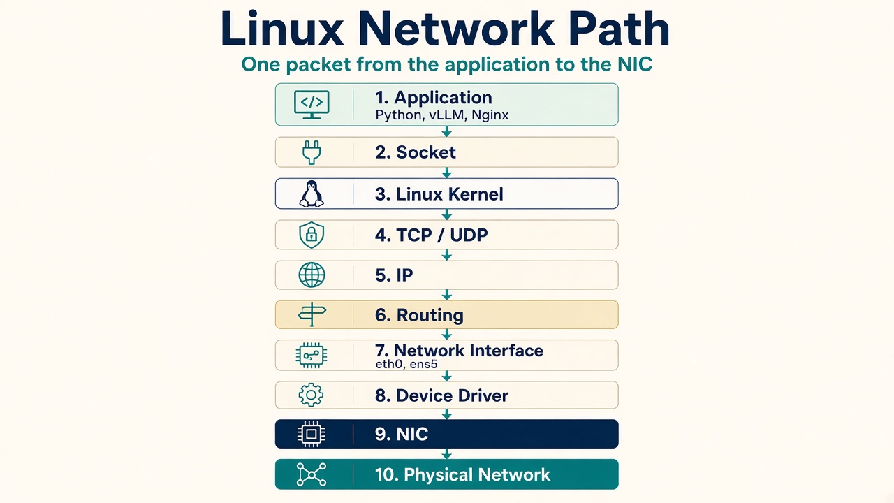 Linux network path from Application through Socket, Kernel, TCP or UDP, IP, Routing, Network Interface, and Device Driver down to the NIC and physical network.