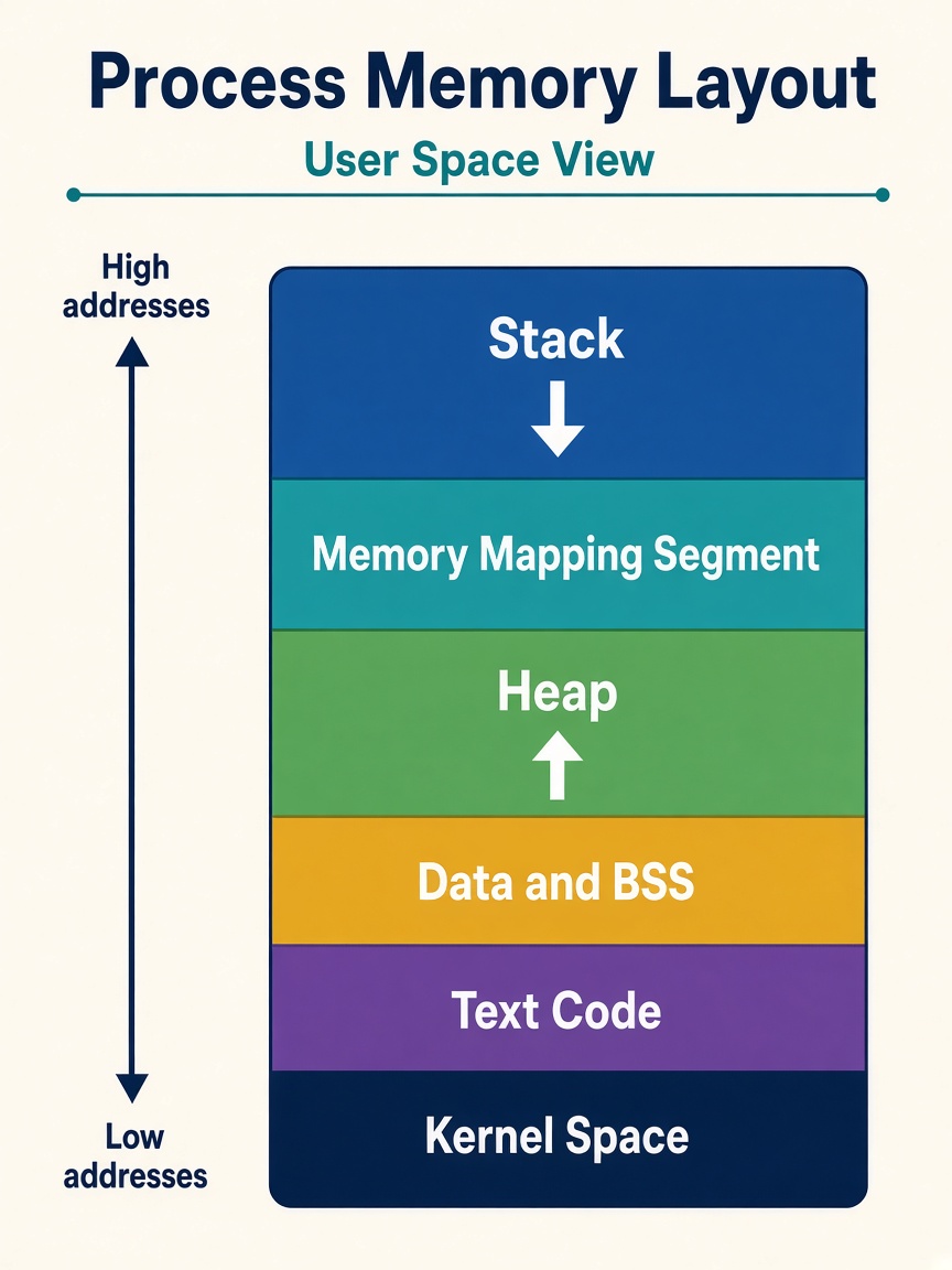 Process memory layout from high addresses to low: Stack growing down, Memory Mapping Segment, Heap growing up, Data and BSS, Text Code, then Kernel Space.