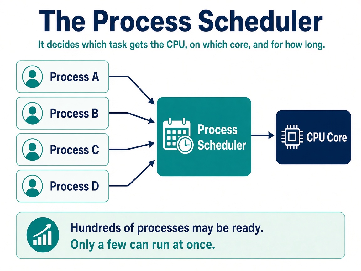 Four processes feed into the Process Scheduler, which selects one task to run on a CPU core.