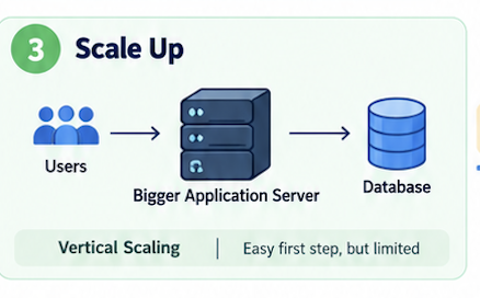 Scale Up: users send traffic to a bigger application server in front of the database. Vertical scaling is an easy first step, but limited.