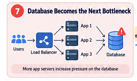 Database Becomes the Next Bottleneck: users reach a load balancer and App 1, App 2, and App 3, which all send traffic to one database. More app servers increase pressure on the database.