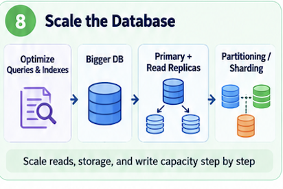 Scale the Database: optimize queries and indexes, move to a bigger database, add a primary with read replicas, then partition or shard. Scale reads, storage, and write capacity step by step.