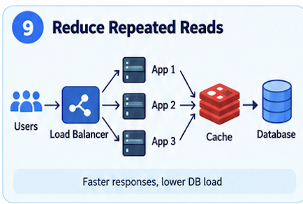 Reduce Repeated Reads: users reach a load balancer and App 1, App 2, and App 3, which check a cache before the database. Faster responses, lower database load.