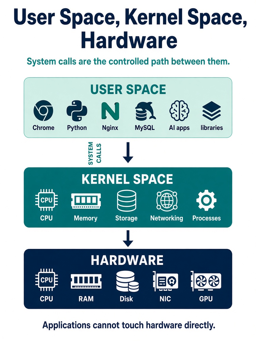 Three stacked layers: User Space at the top for applications, Kernel Space in the middle for privileged operating-system work, and Hardware at the bottom. System calls sit between user space and kernel space.