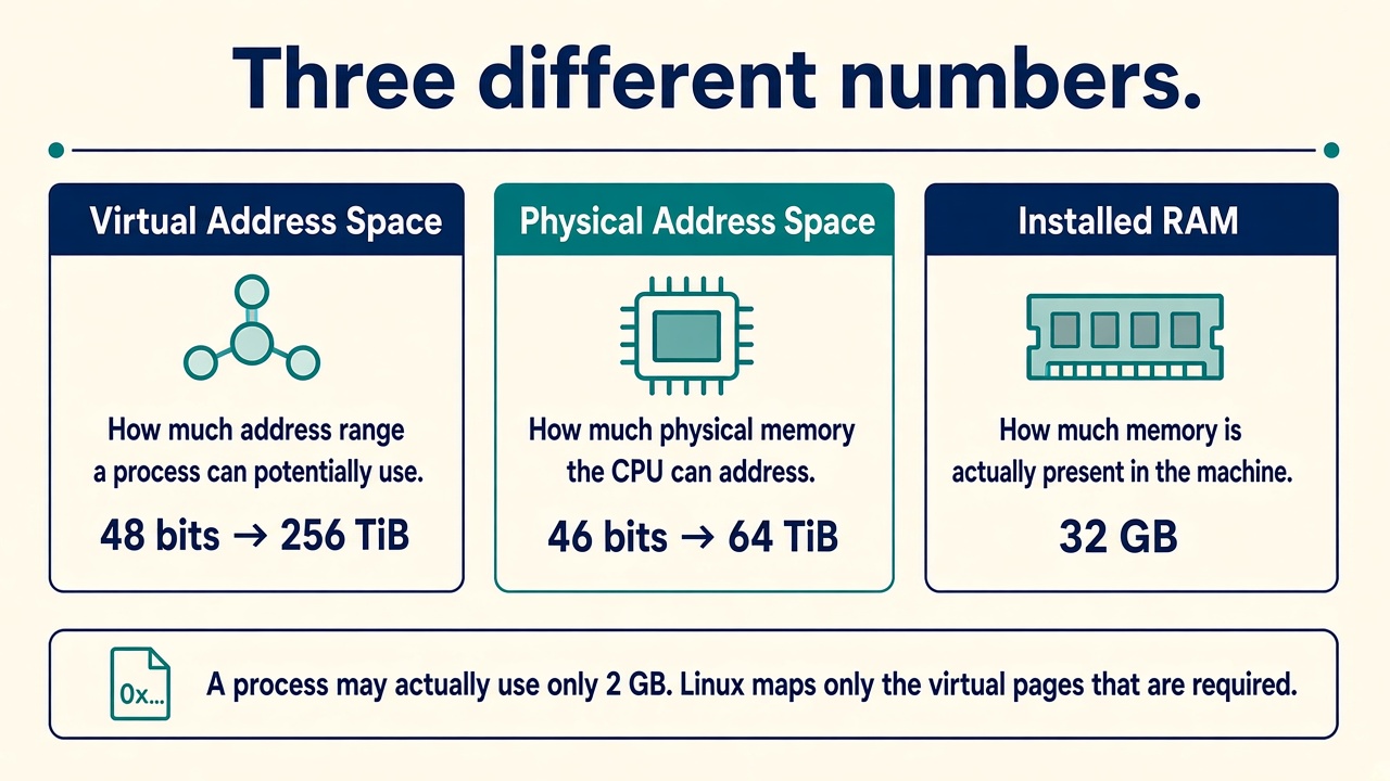 Three cards: Virtual Address Space is 48 bits, 256 TiB. Physical Address Space is 46 bits, 64 TiB. Installed RAM is 32 GB. A process may actually use only 2 GB.