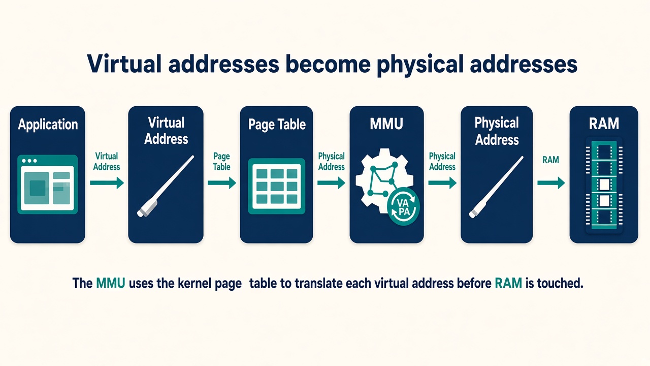 Six steps from left to right: Application, Virtual Address, Page Table, MMU, Physical Address, and RAM.