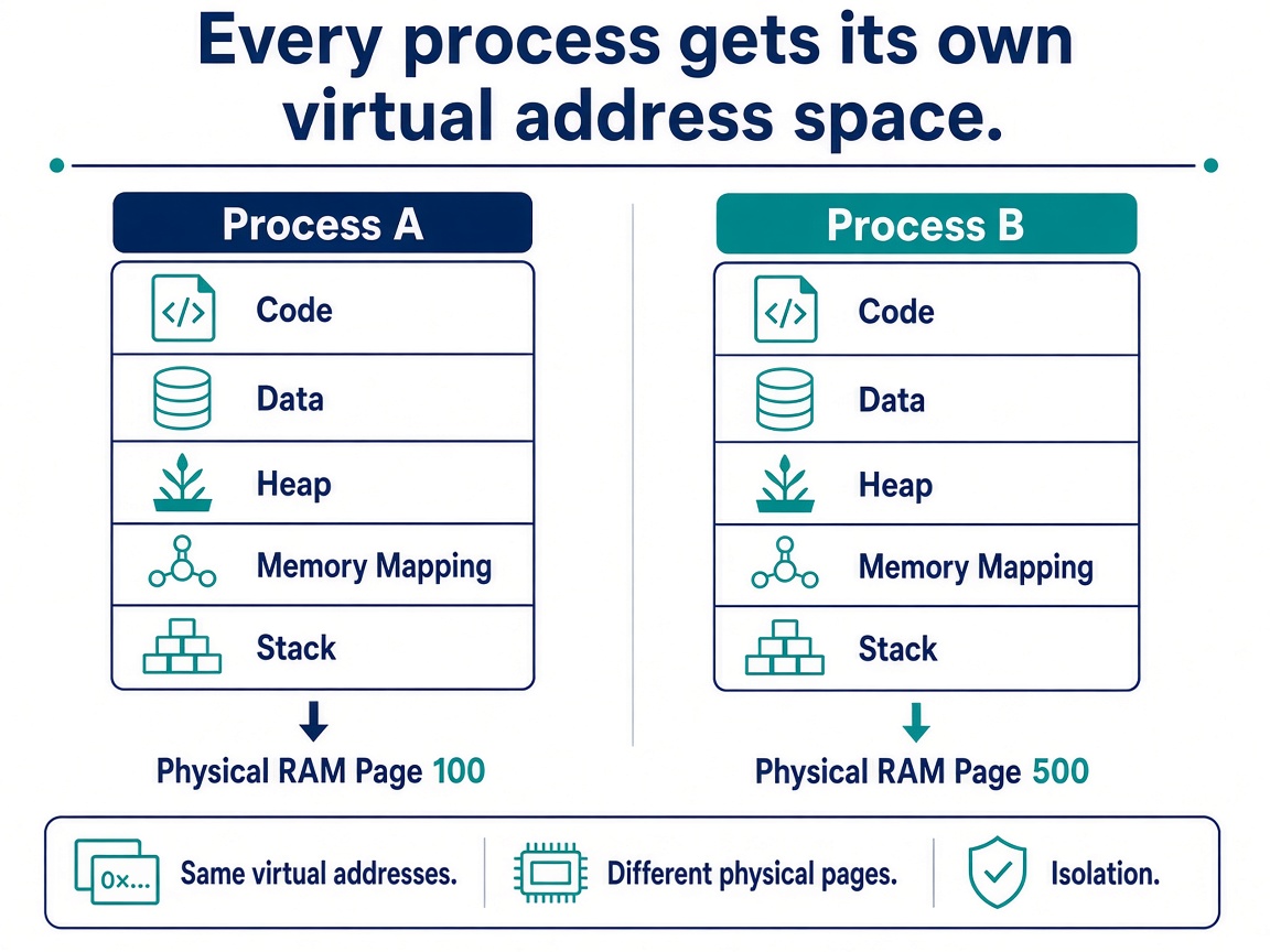Process A and Process B each have a virtual address space with code, data, heap, mappings, and stack. Linux maps those to different physical RAM pages.