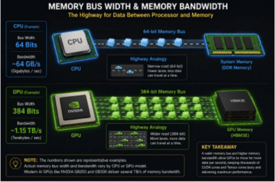 Memory bus width and bandwidth diagram comparing a 64-bit CPU memory bus with a much wider 384-bit GPU memory bus.
