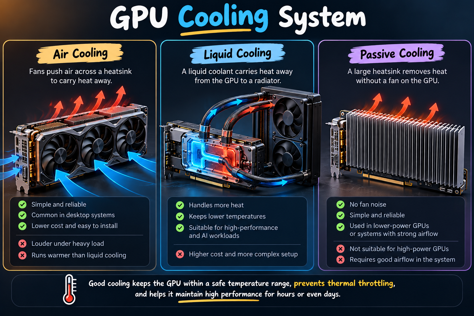 GPU cooling system comparison of air cooling, liquid cooling, and passive cooling.