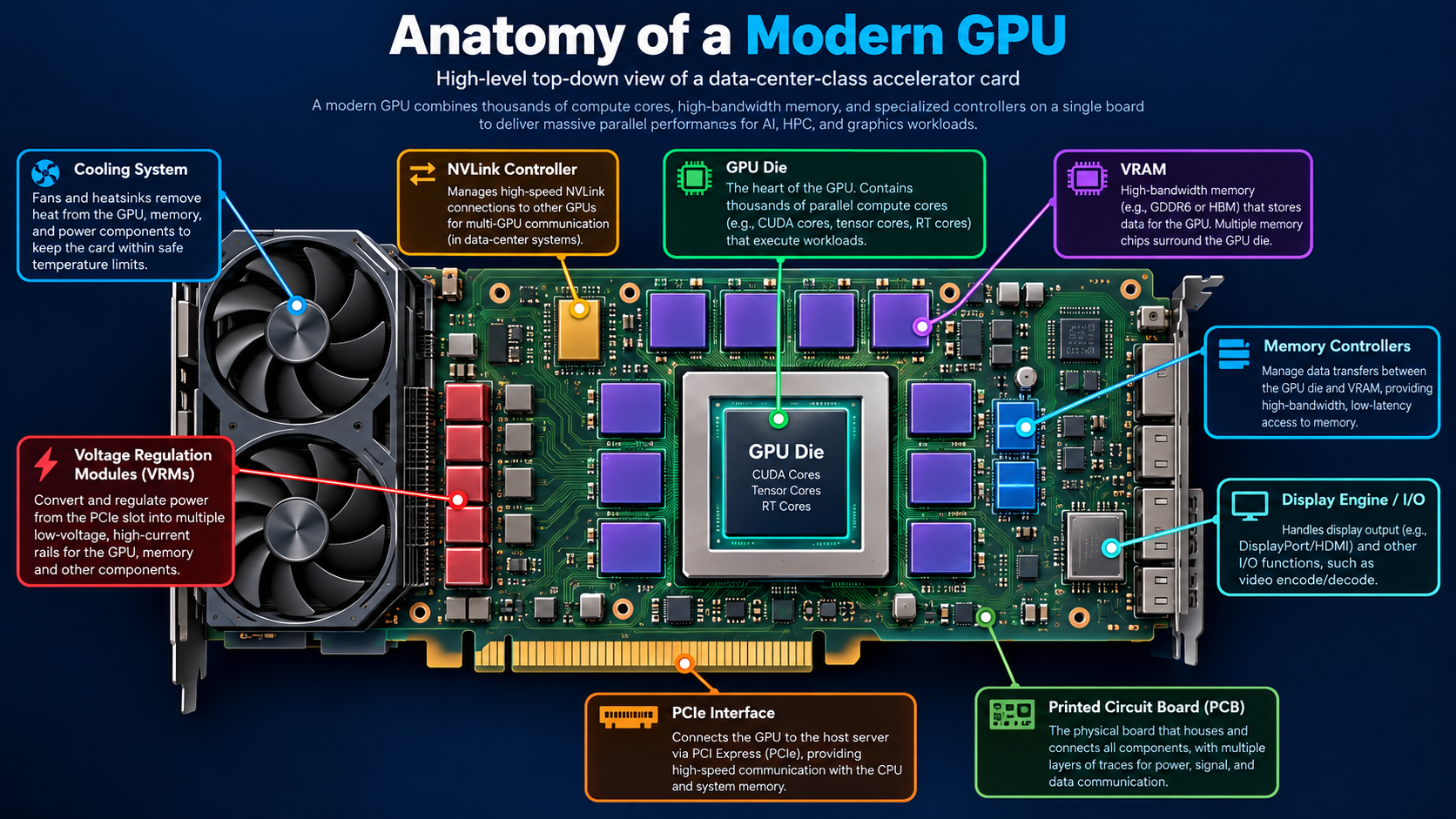 Anatomy of a modern GPU card, showing cooling, voltage regulators, NVLink, the GPU die, VRAM, memory controllers, PCIe, and the printed circuit board.