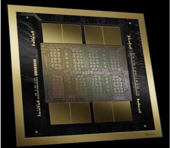 A close-up of a GPU die, the chip where most of the computation happens.