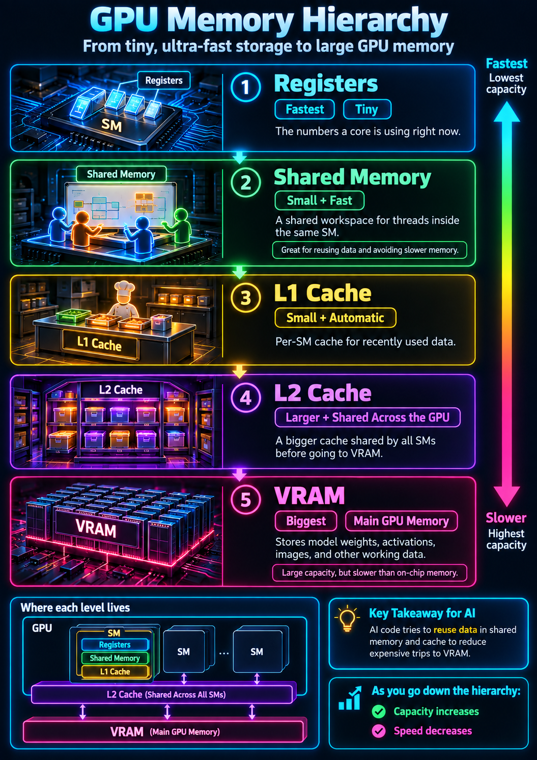 GPU memory hierarchy from registers and shared memory through L1 cache, L2 cache, and VRAM.