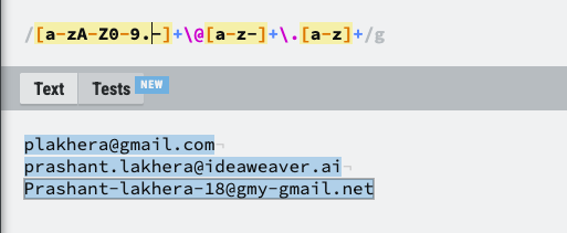 Regex tester. With + on the local part, plakhera@gmail.com, prashant.lakhera@ideaweaver.ai, and prashant-lakhera-18@gmy-gmail.net are highlighted.