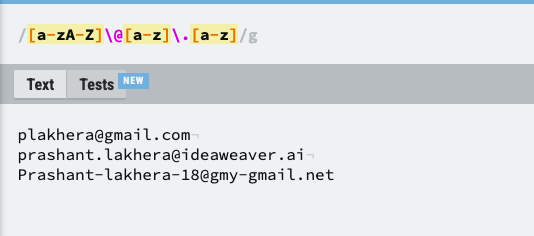 Regex tester with a short email pattern. None of the three sample addresses are fully highlighted.