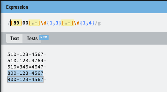 Regex tester showing [89]00[.-]\d{1,3}[.-]\d{1,4}. Only 800-123-4567 and 900-123-4567 are highlighted.