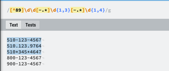 A screenshot showing a phone-number pattern and the sample numbers that matched.