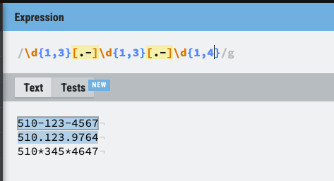 Regex tester showing \d{1,3}[.-]\d{1,3}[.-]\d{1,4} with the curly-brace counts highlighted.