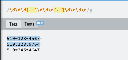 Regex tester. The pattern uses [.-] as the separator. 510-123-4567 and 510.123.9764 are highlighted. 510*345*4647 is not.