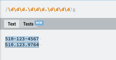 Regex tester. The pattern uses a dot between digit groups and highlights 510-123-4567 and 510.123.9764.
