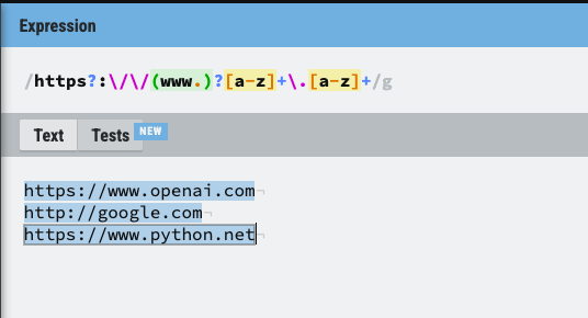 Regex tester matching https://www.openai.com, http://google.com, and https://www.python.net.