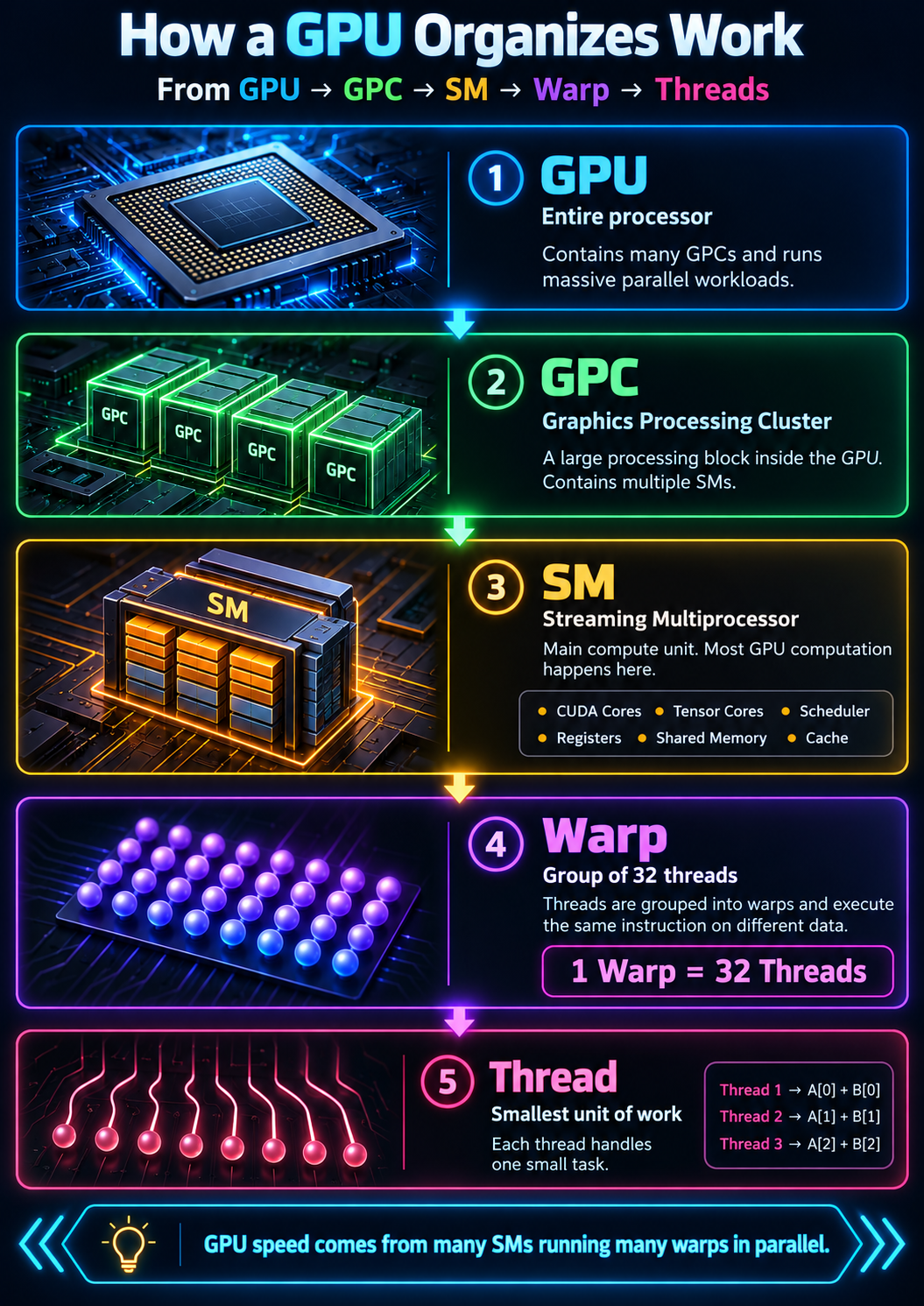How a GPU organizes work: GPU, then GPC, then SM, then warp, then threads. One warp equals 32 threads.