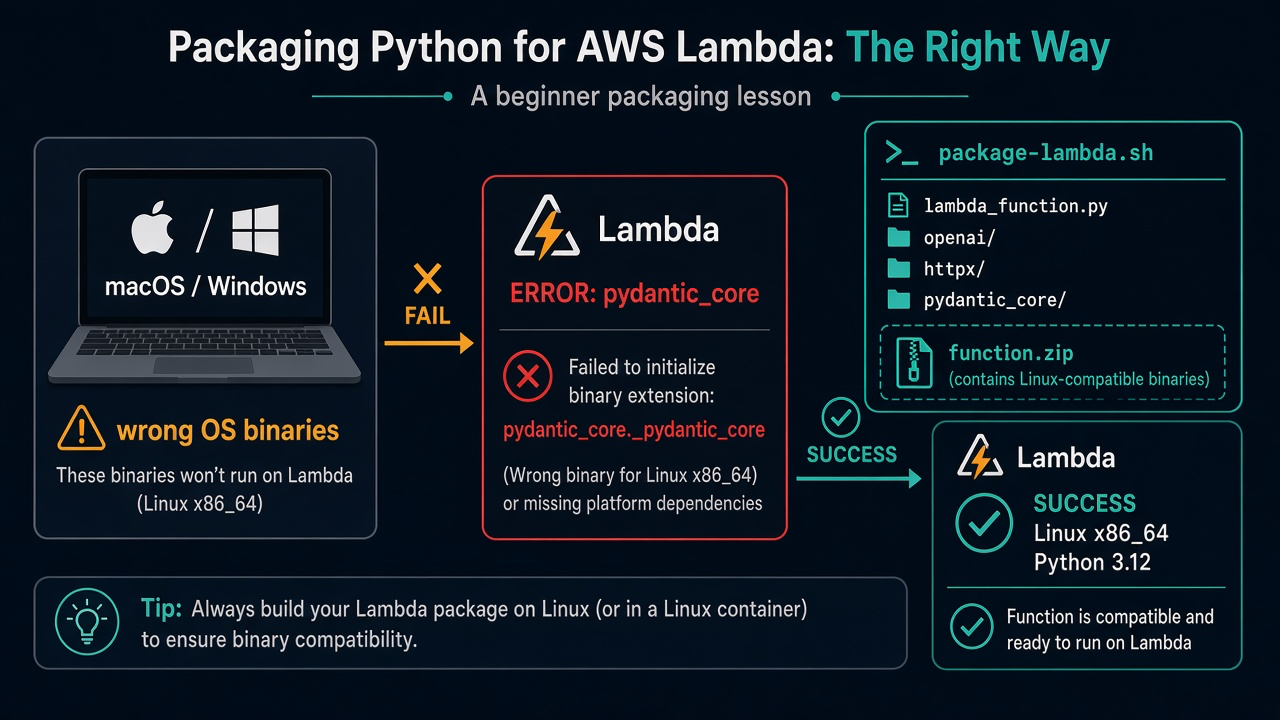 Packaging on macOS or Windows can produce wrong binaries; package-lambda.sh builds a Linux function.zip for Lambda Python 3.12.