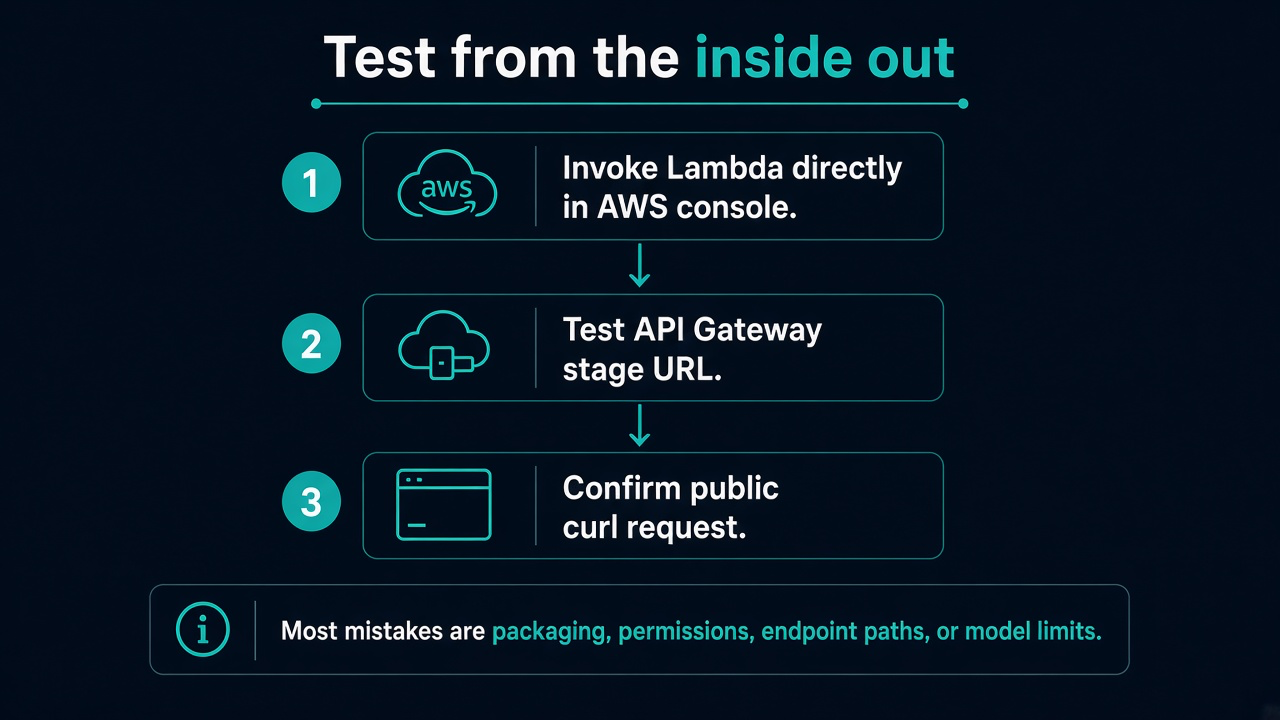Troubleshoot from the inside out: invoke Lambda first, then API Gateway, then public curl.