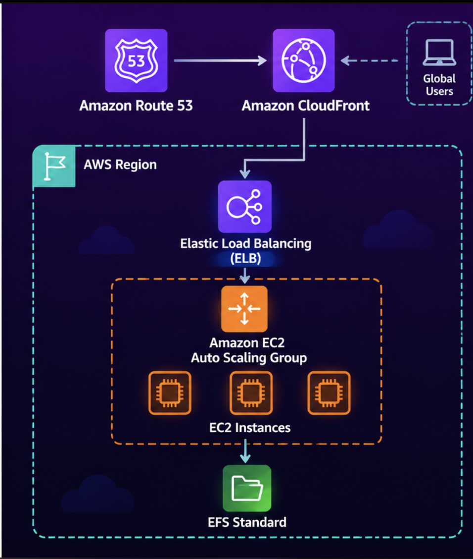 Traditional highly available AWS design using CloudFront, a load balancer, Auto Scaling, EC2, and shared storage across Availability Zones.